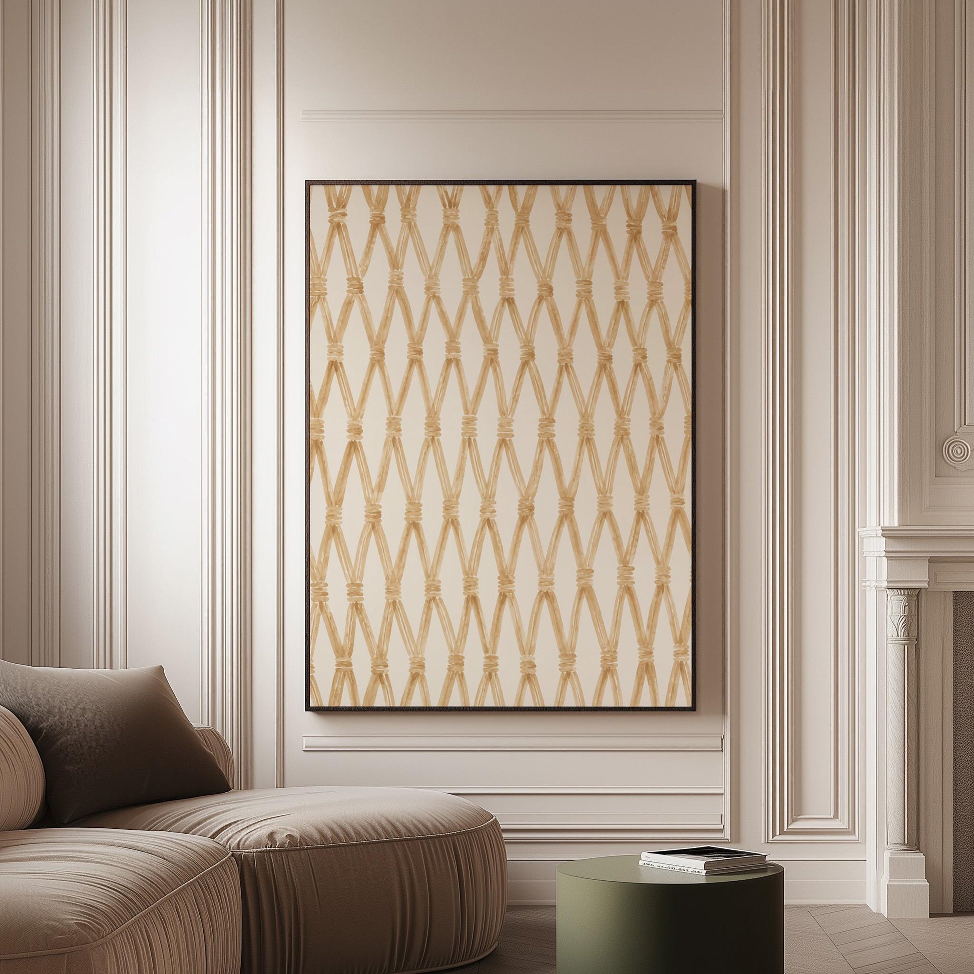 Diamond trellis of natural bands on cream background, canvas print on a softly lit wall in a calm interior