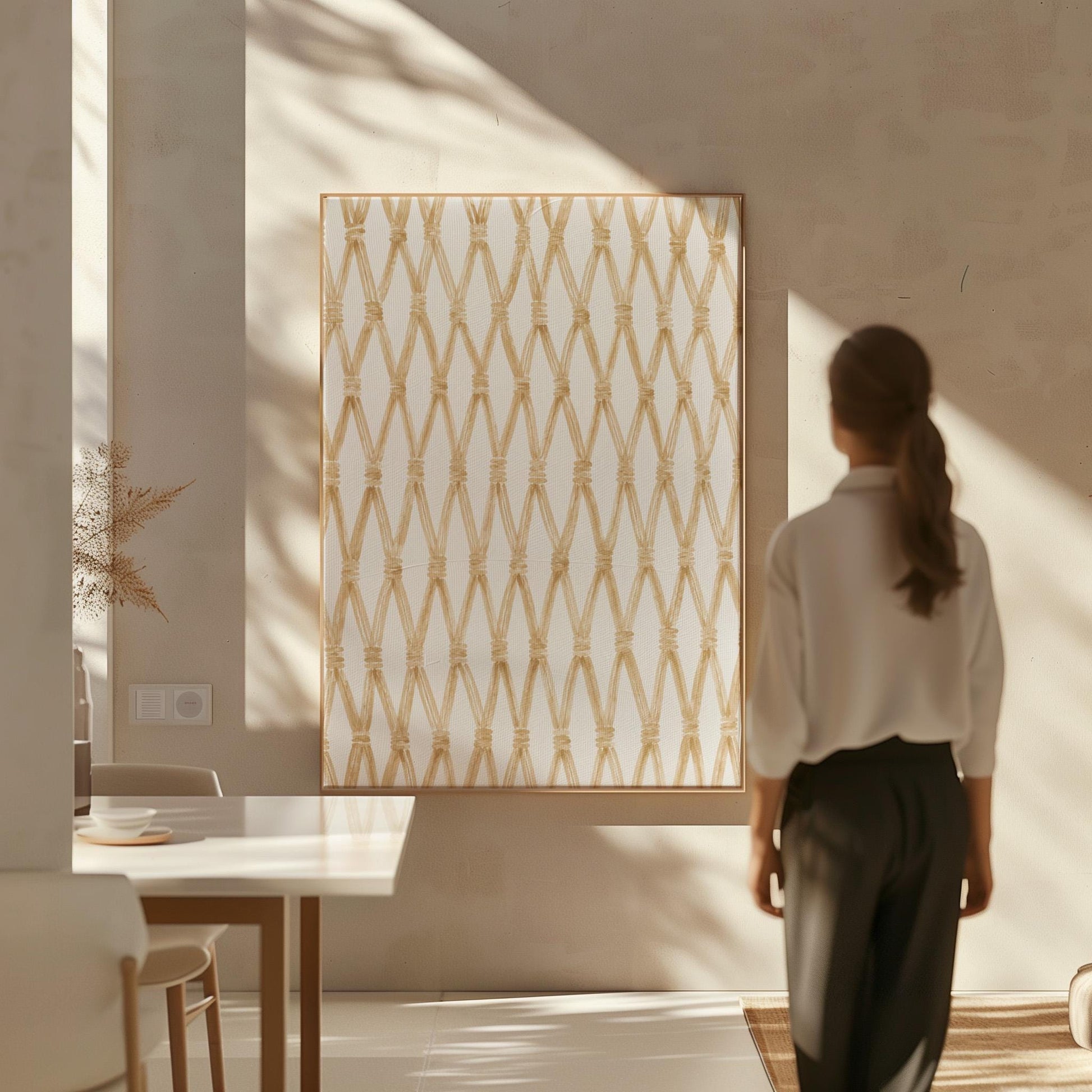 Diamond trellis of natural bands on cream background, canvas print shown in a sunlit, contemporary room