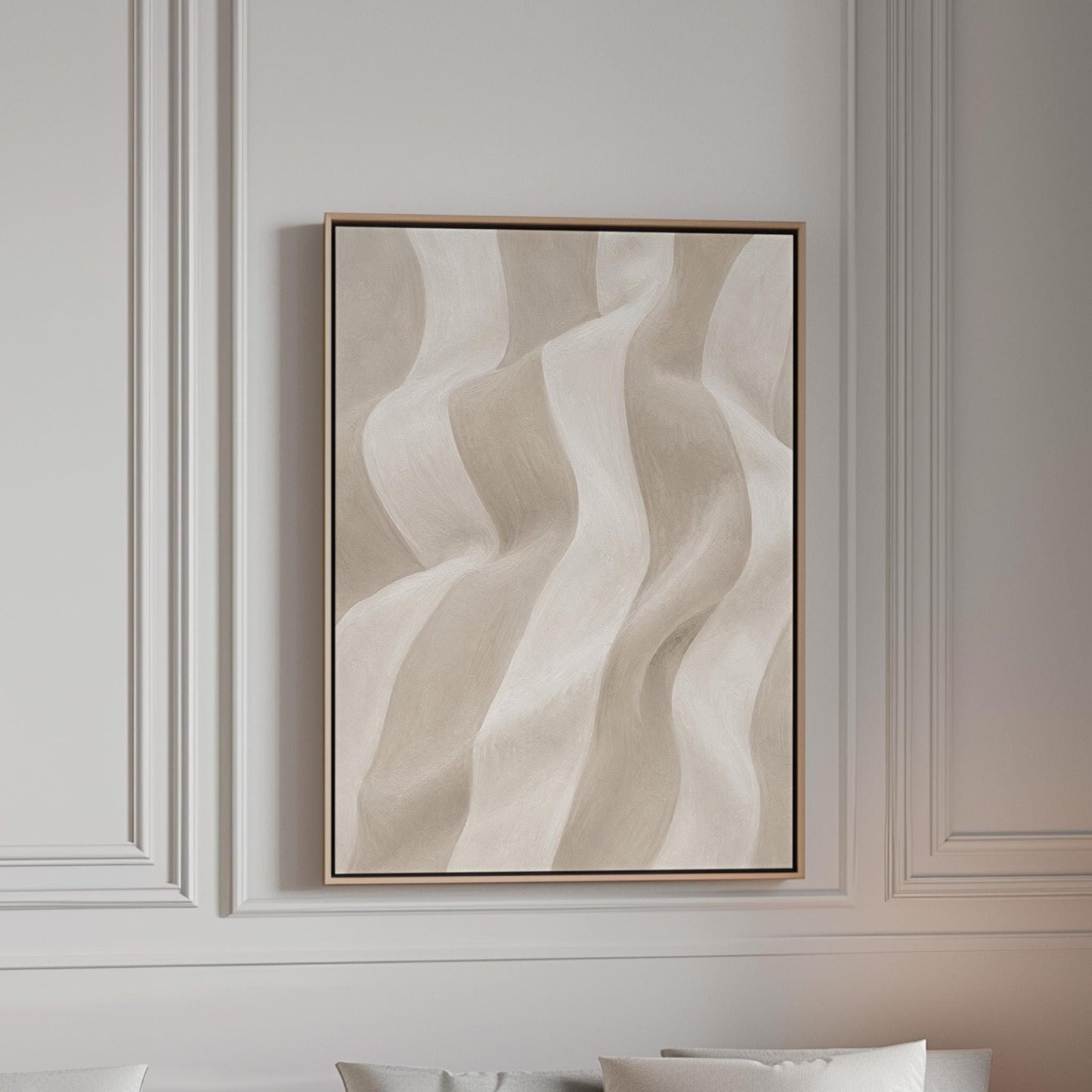 Soft draped wave folds in ivory and warm white, canvas print in a bright room with natural daylight
