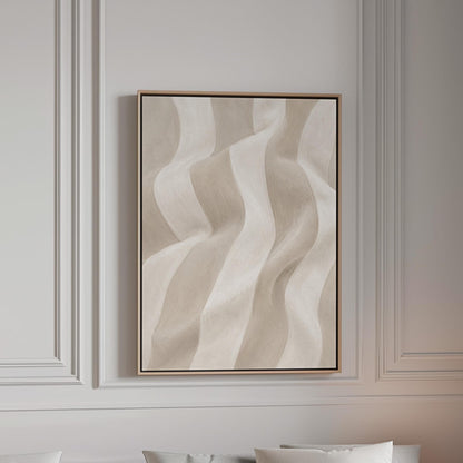 Soft draped wave folds in ivory and warm white, canvas print in a bright room with natural daylight