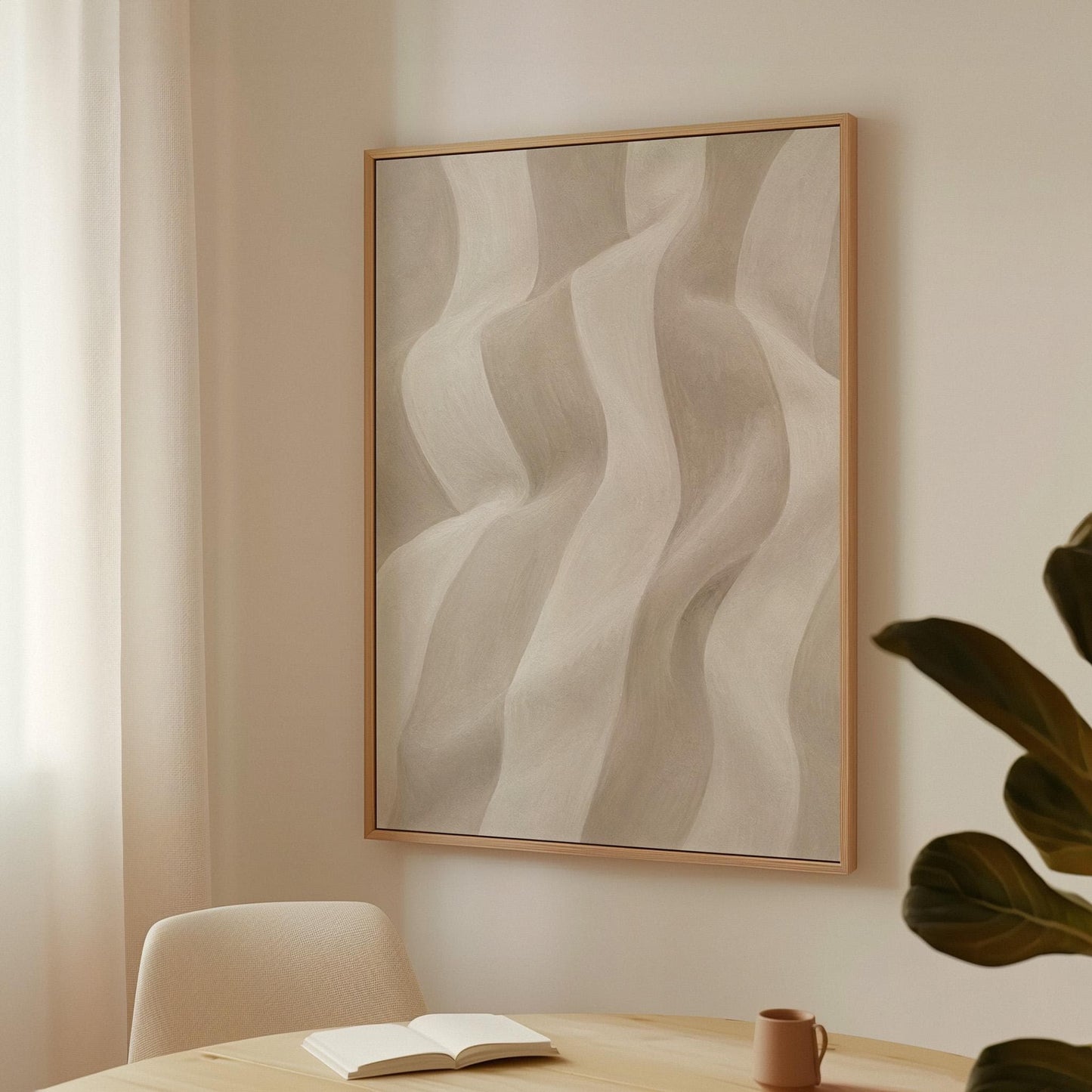Soft draped wave folds in ivory and warm white, canvas print styled against a soft white wall