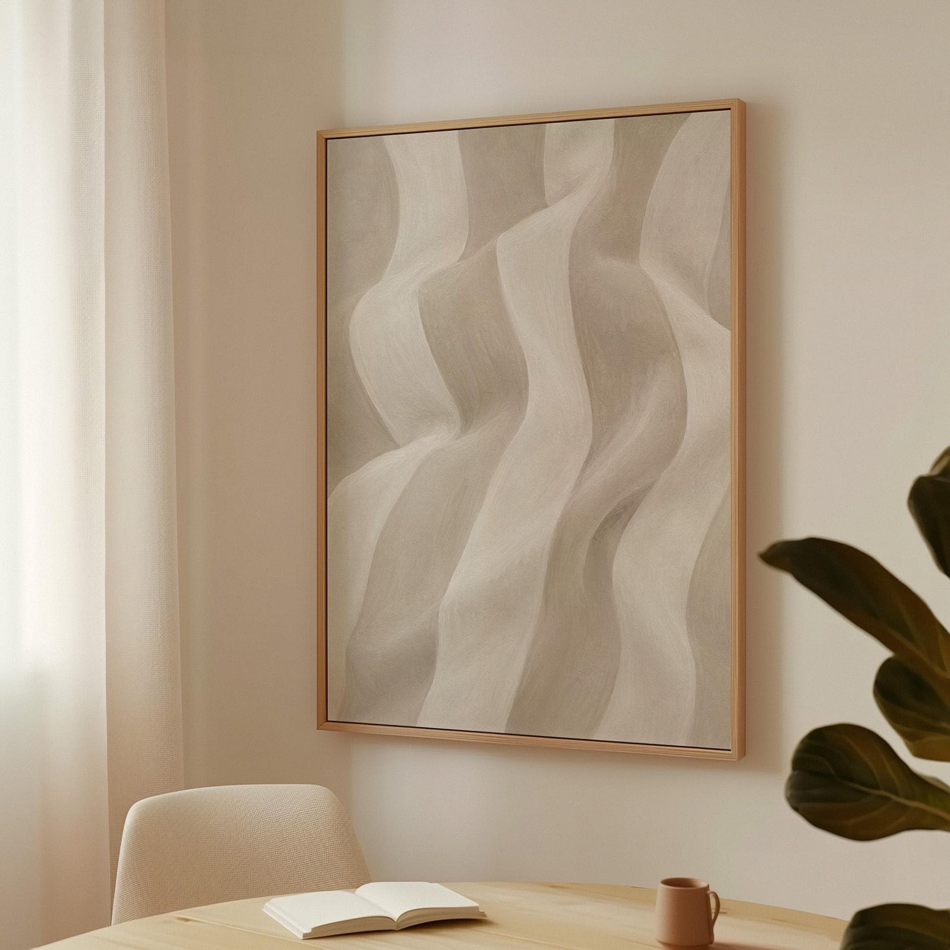 Soft draped wave folds in ivory and warm white, canvas print styled against a soft white wall