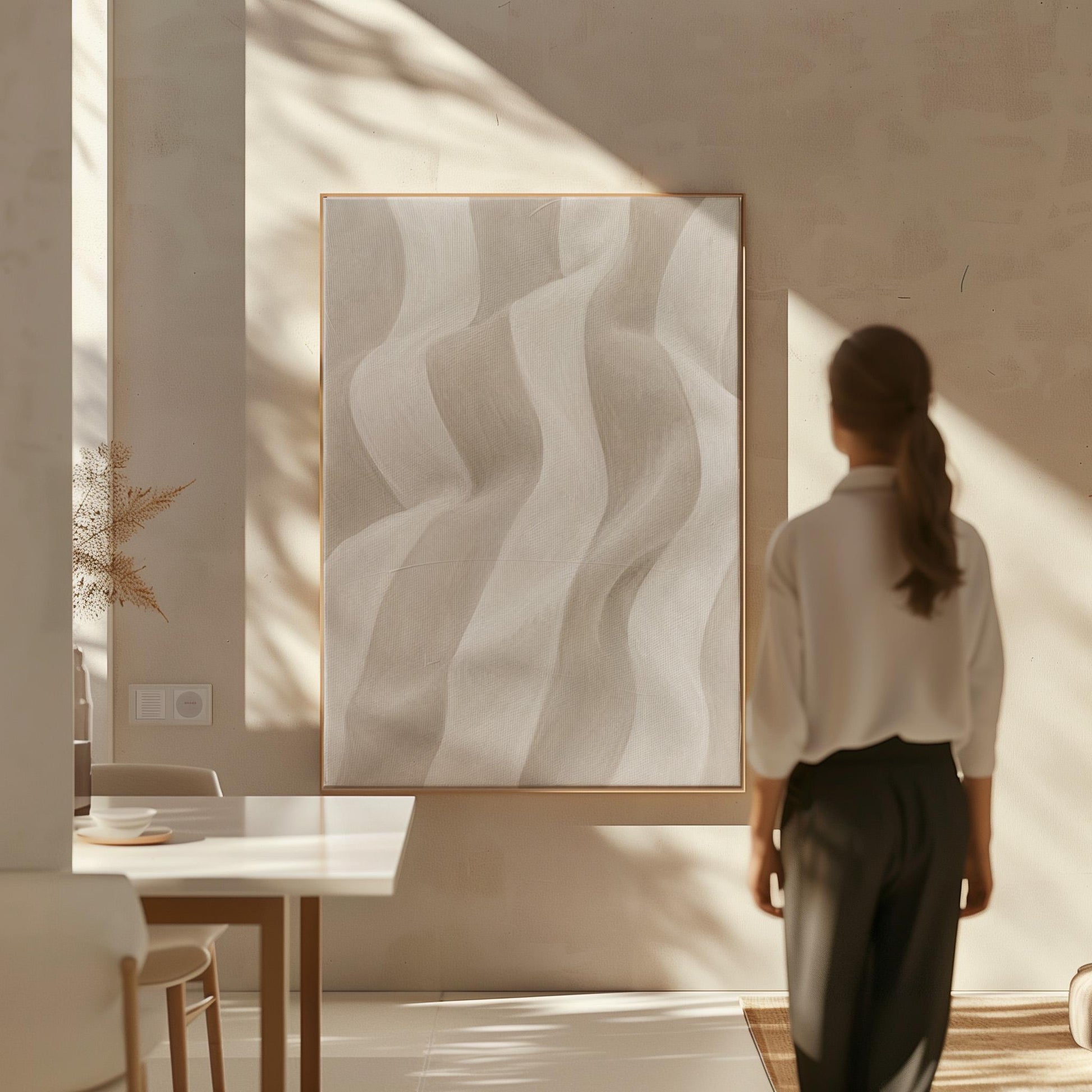 Soft draped wave folds in ivory and warm white, canvas print presented in a light, minimal room
