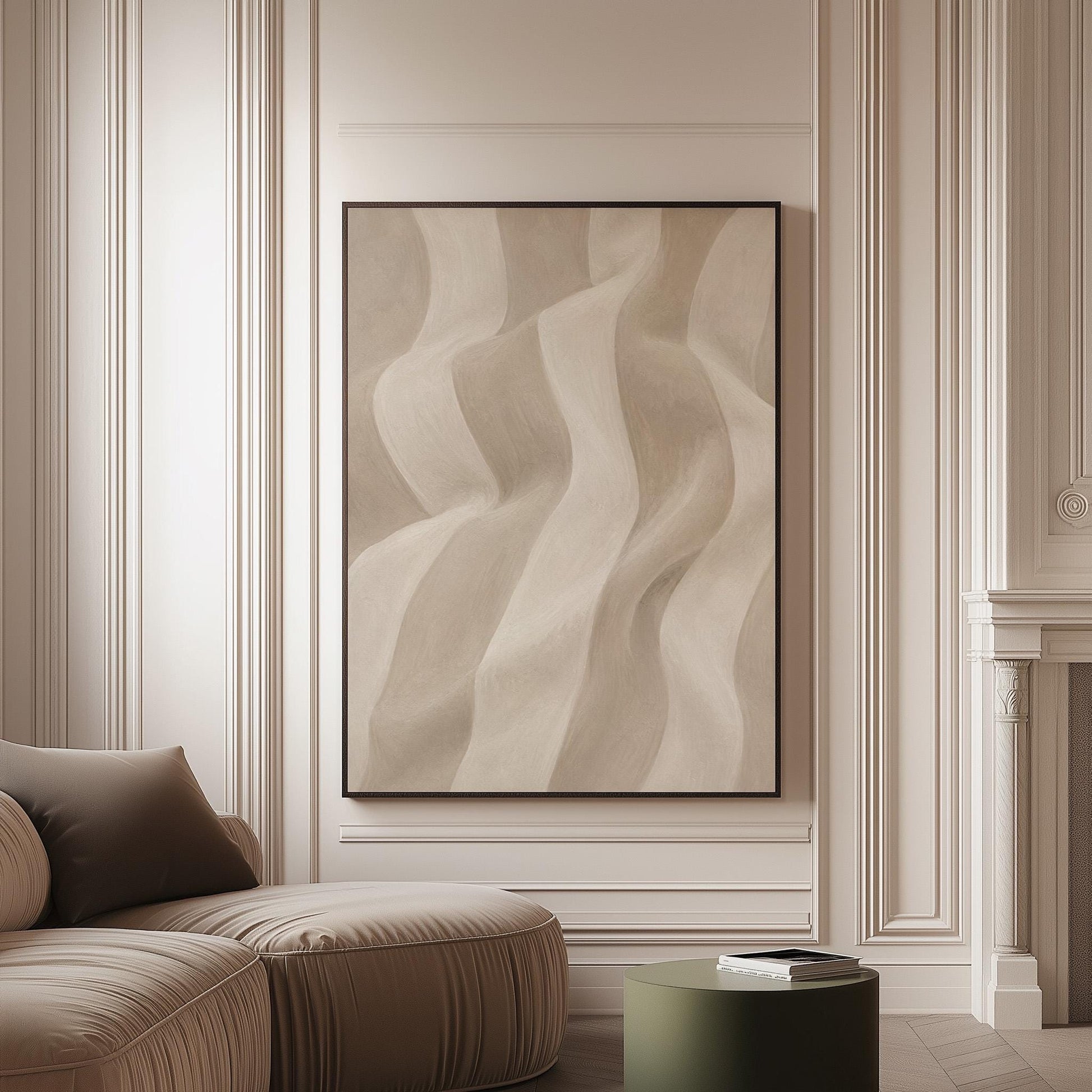 Soft draped wave folds in ivory and warm white, canvas print on a softly lit wall in a calm interior