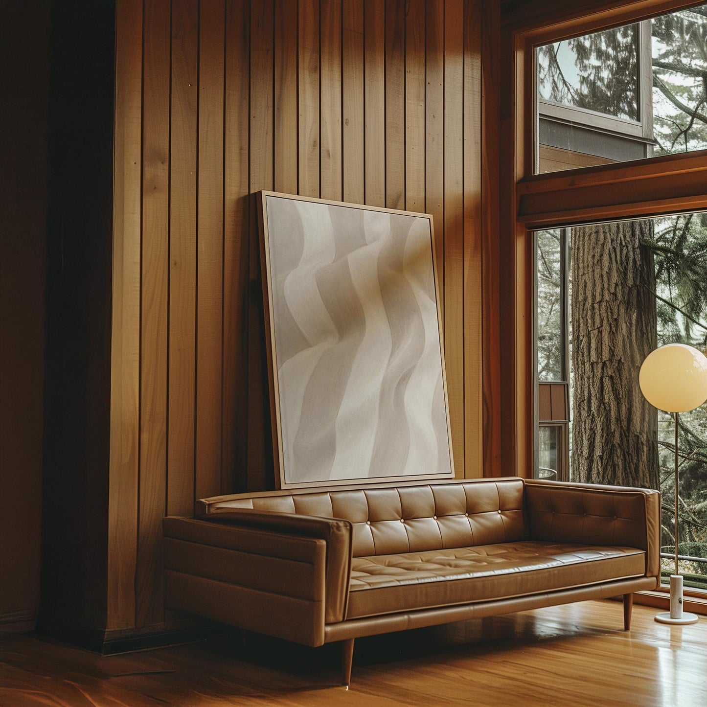 Soft draped wave folds in ivory and warm white, canvas wall art hanging in a calm, modern living space