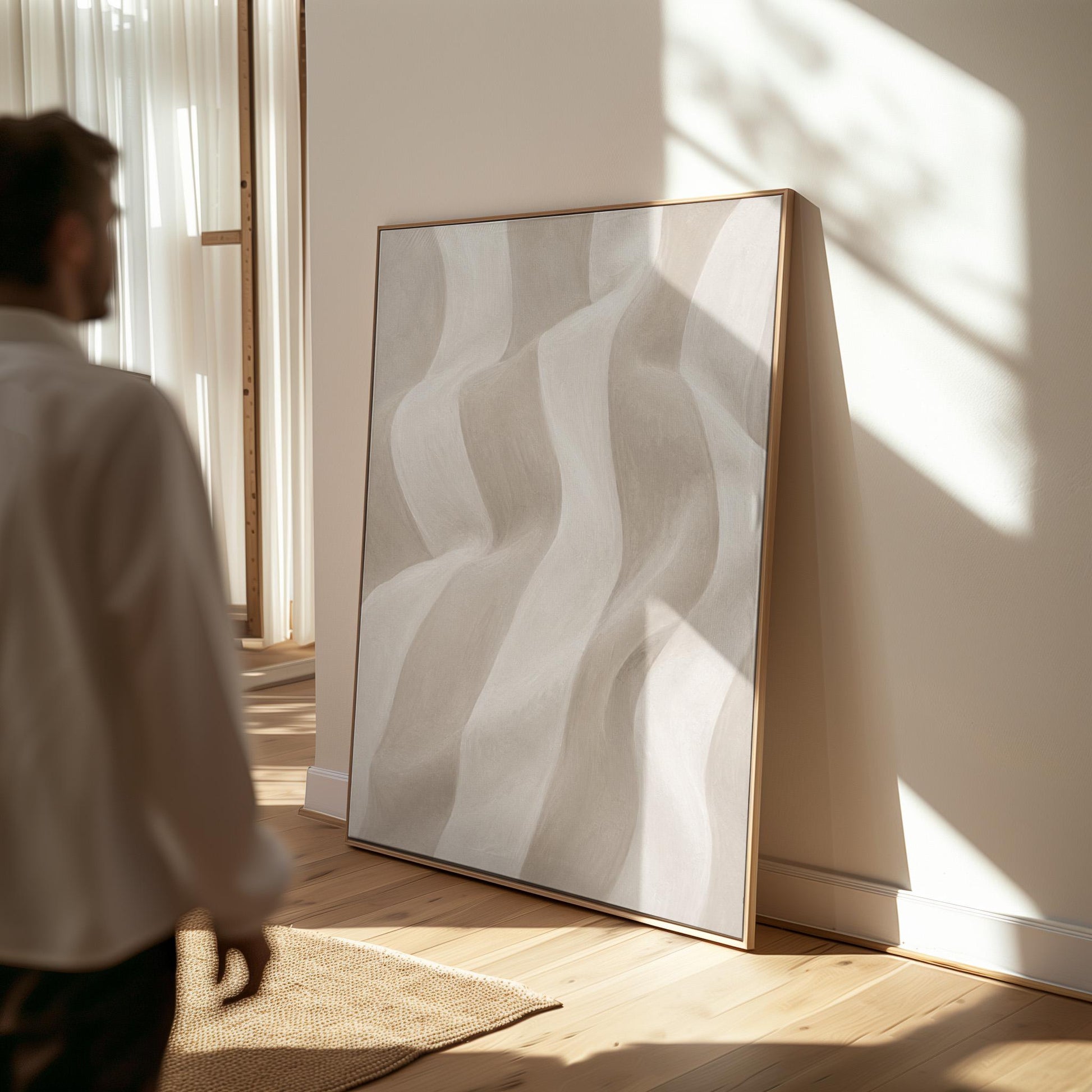 Soft draped wave folds in ivory and warm white, canvas wall art styled against a soft white wall