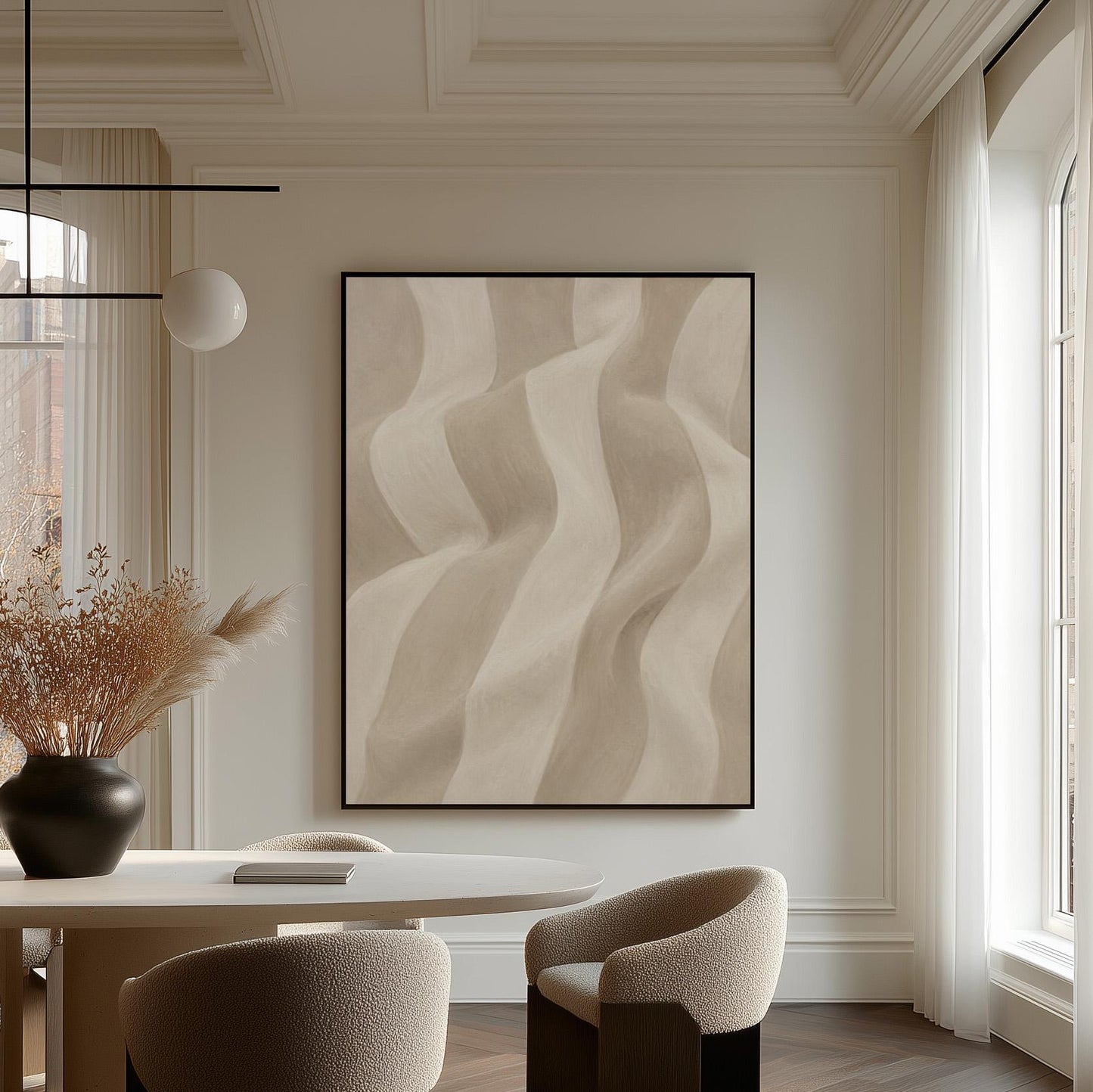 Soft draped wave folds in ivory and warm white, canvas wall art seen in a warm interior with natural light