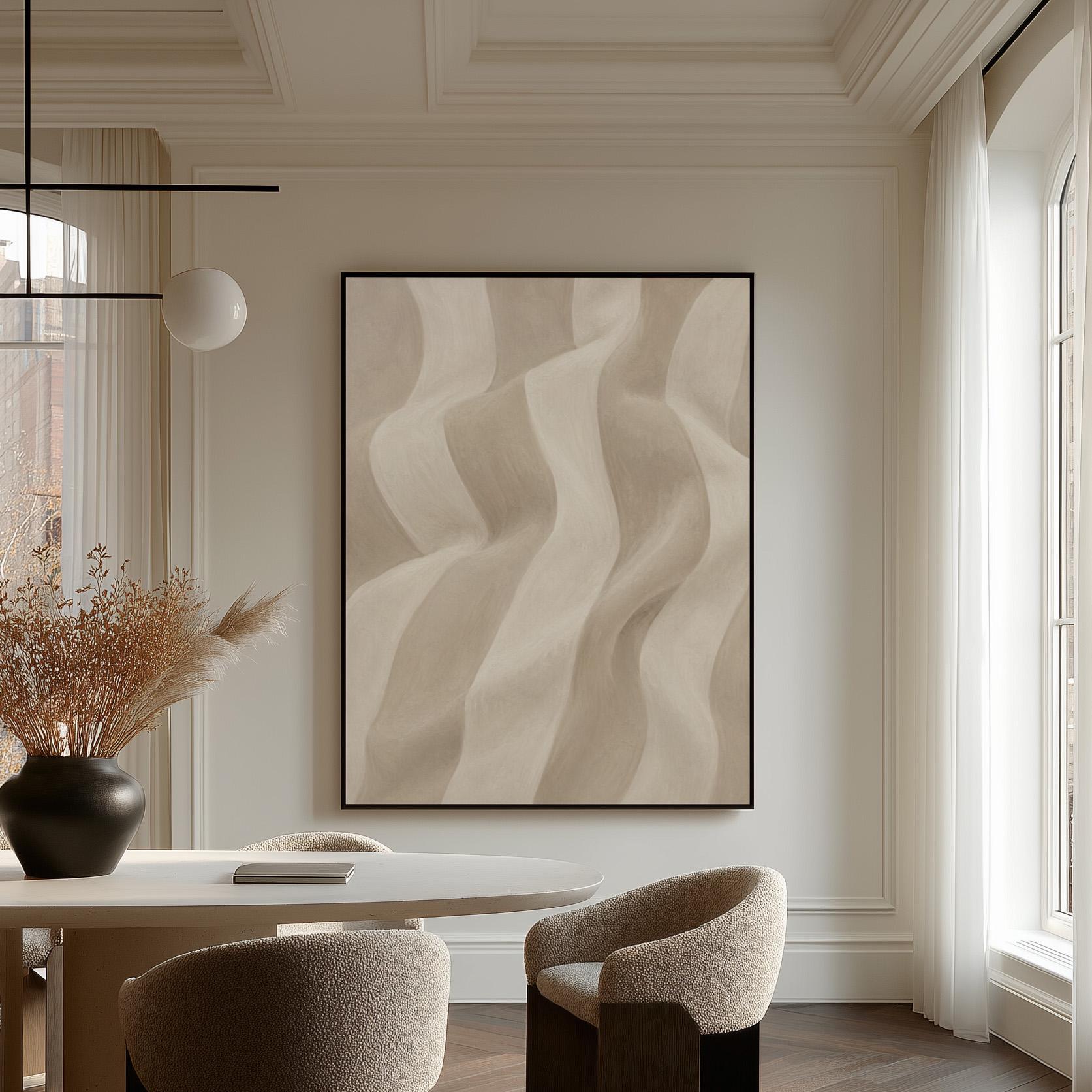 Soft draped wave folds in ivory and warm white, canvas wall art seen in a warm interior with natural light