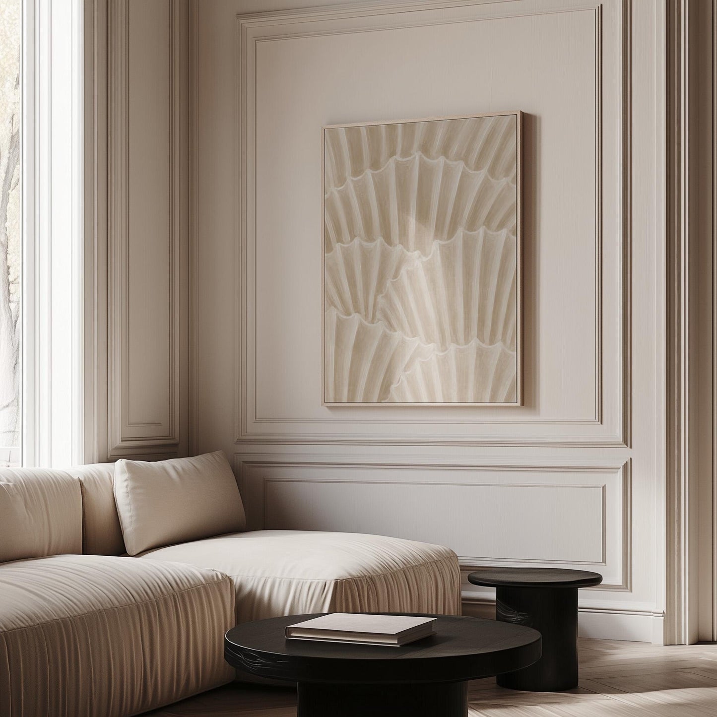 Overlapping fan shells in warm sand and taupe, canvas print hanging in a calm, modern living space