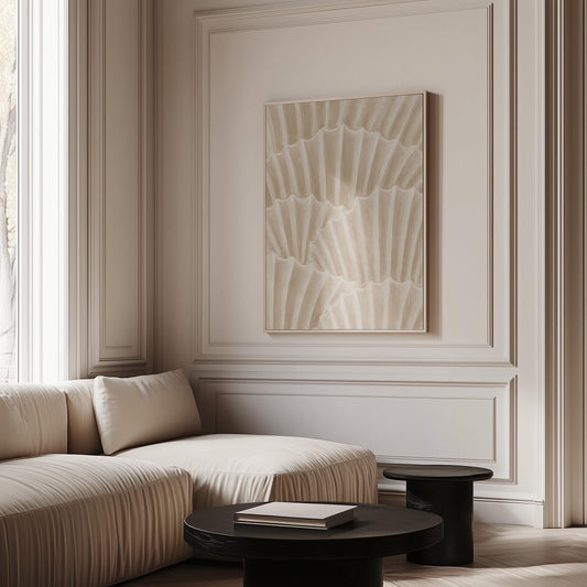 Overlapping fan shells in warm sand and taupe, canvas print hanging in a calm, modern living space