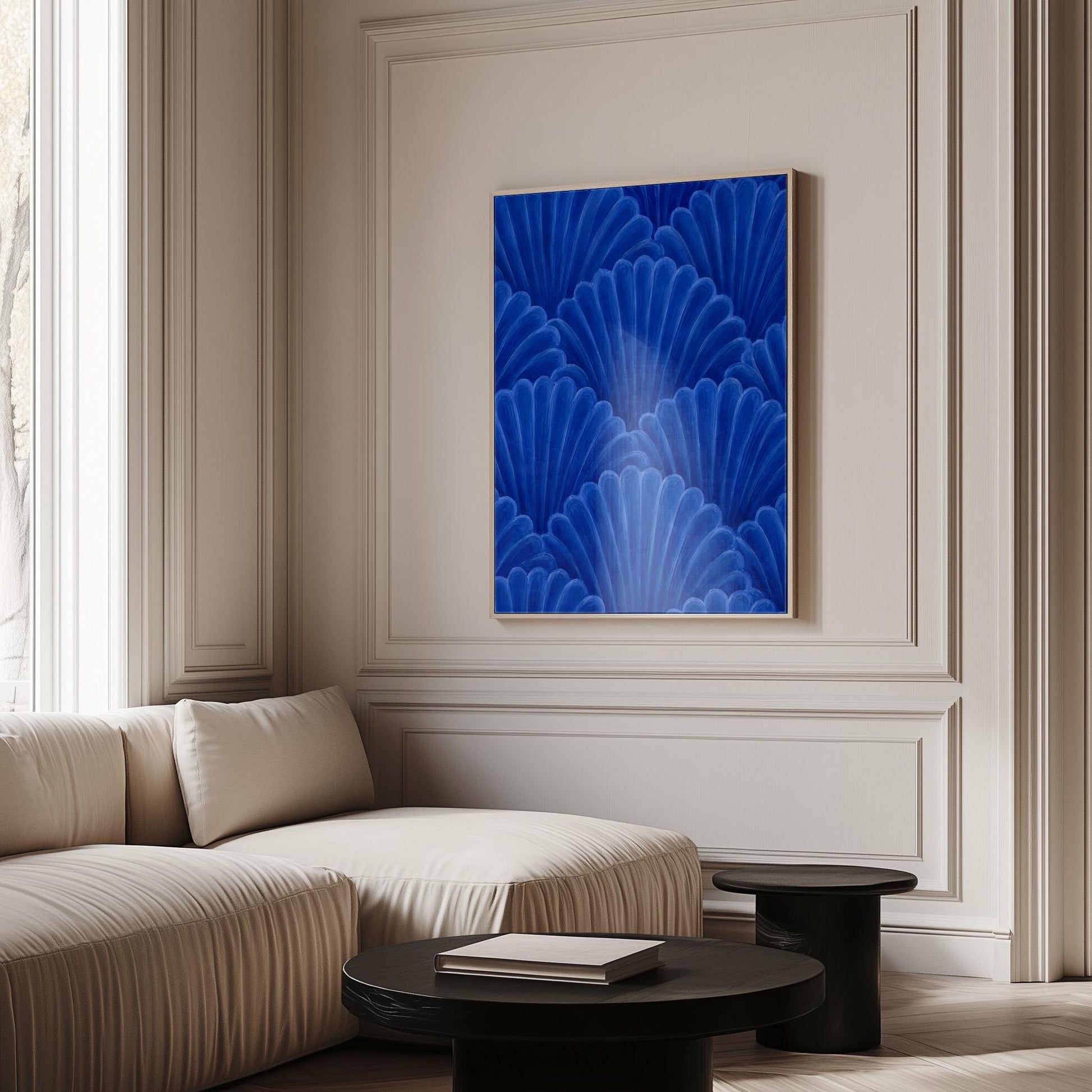 Fan shaped shell scales pattern in sapphire blue, canvas print hanging in a calm, modern living space