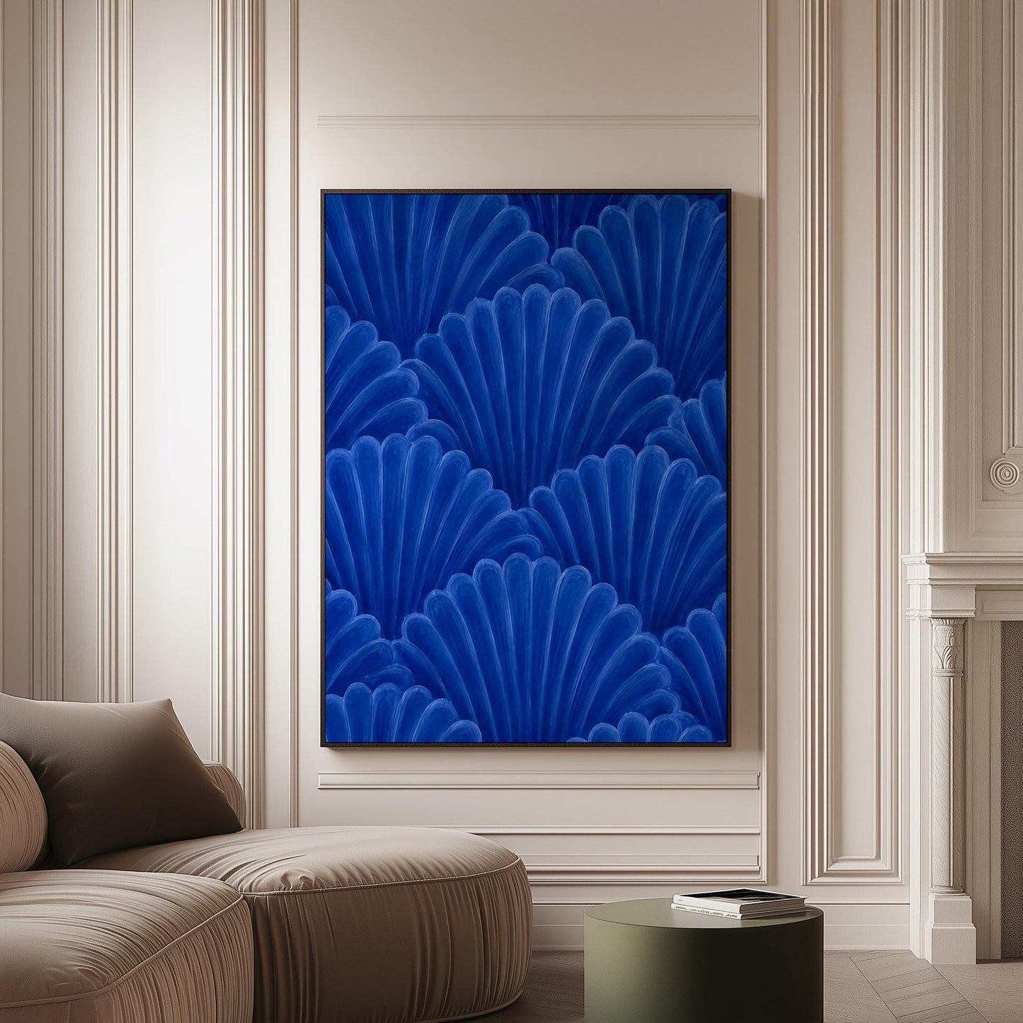 Fan shaped shell scales pattern in sapphire blue, canvas print on a softly lit wall in a calm interior