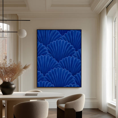 Fan shaped shell scales pattern in sapphire blue, canvas print shown to scale in a furnished room