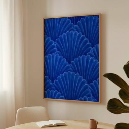 Fan shaped shell scales pattern in sapphire blue, canvas print displayed on a neutral wall in a styled interior