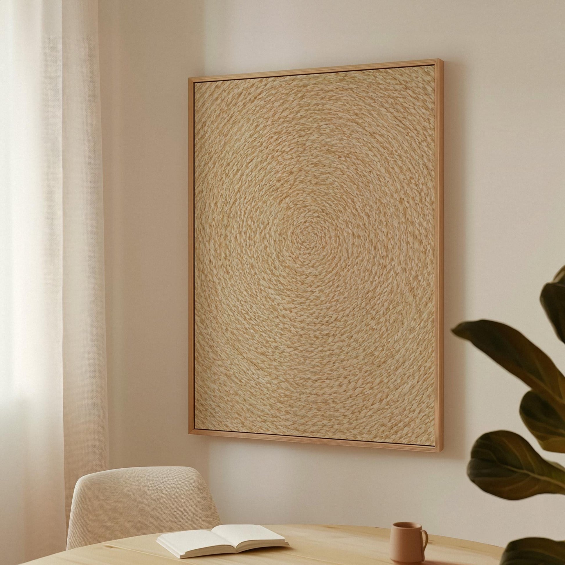 Spiral coiled circle pattern in wheat and straw gold, canvas print on a quiet wall in a considered interior