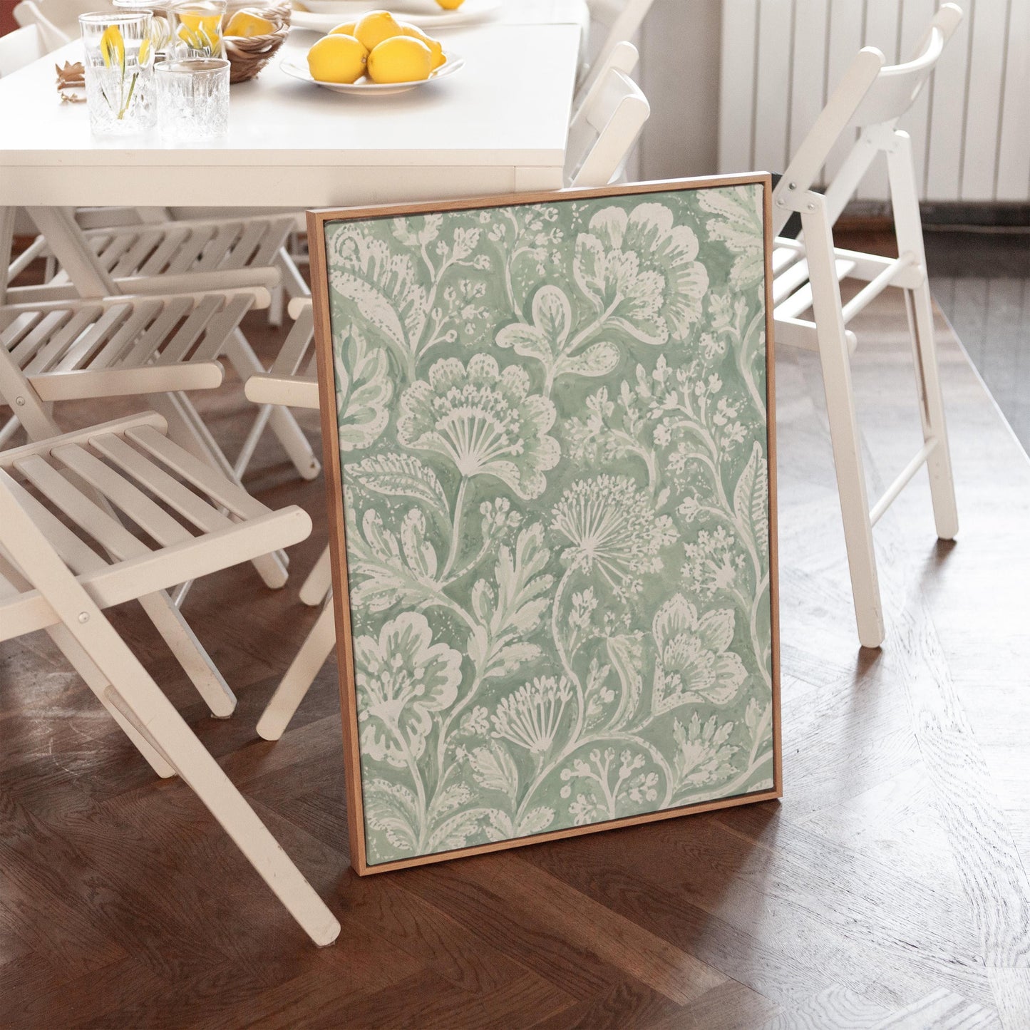 Lace like botanical damask in soft sage green, canvas print hanging in a calm, modern living space