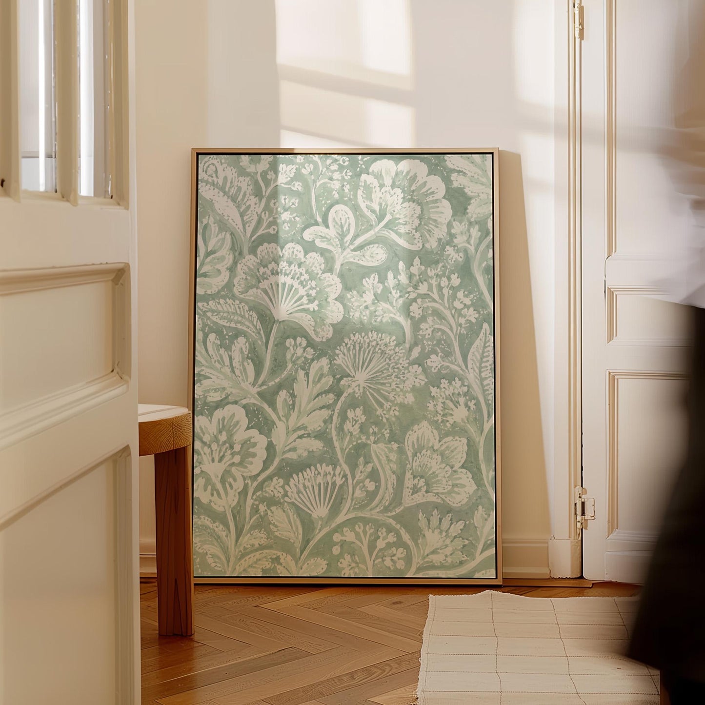 Lace like botanical damask in soft sage green, canvas wall art hanging in a calm, modern living space