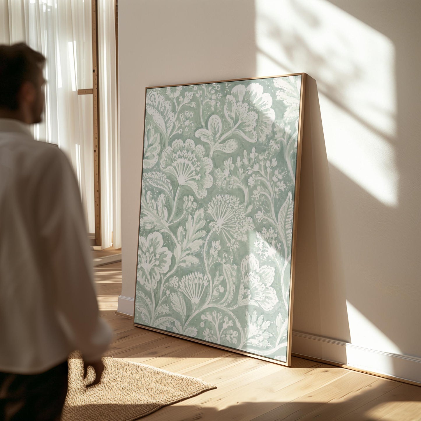 Lace like botanical damask in soft sage green, canvas wall art on a quiet wall in a considered interior