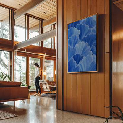 Petal fan clusters in cornflower and powder blue, canvas print hanging in a calm, modern living space