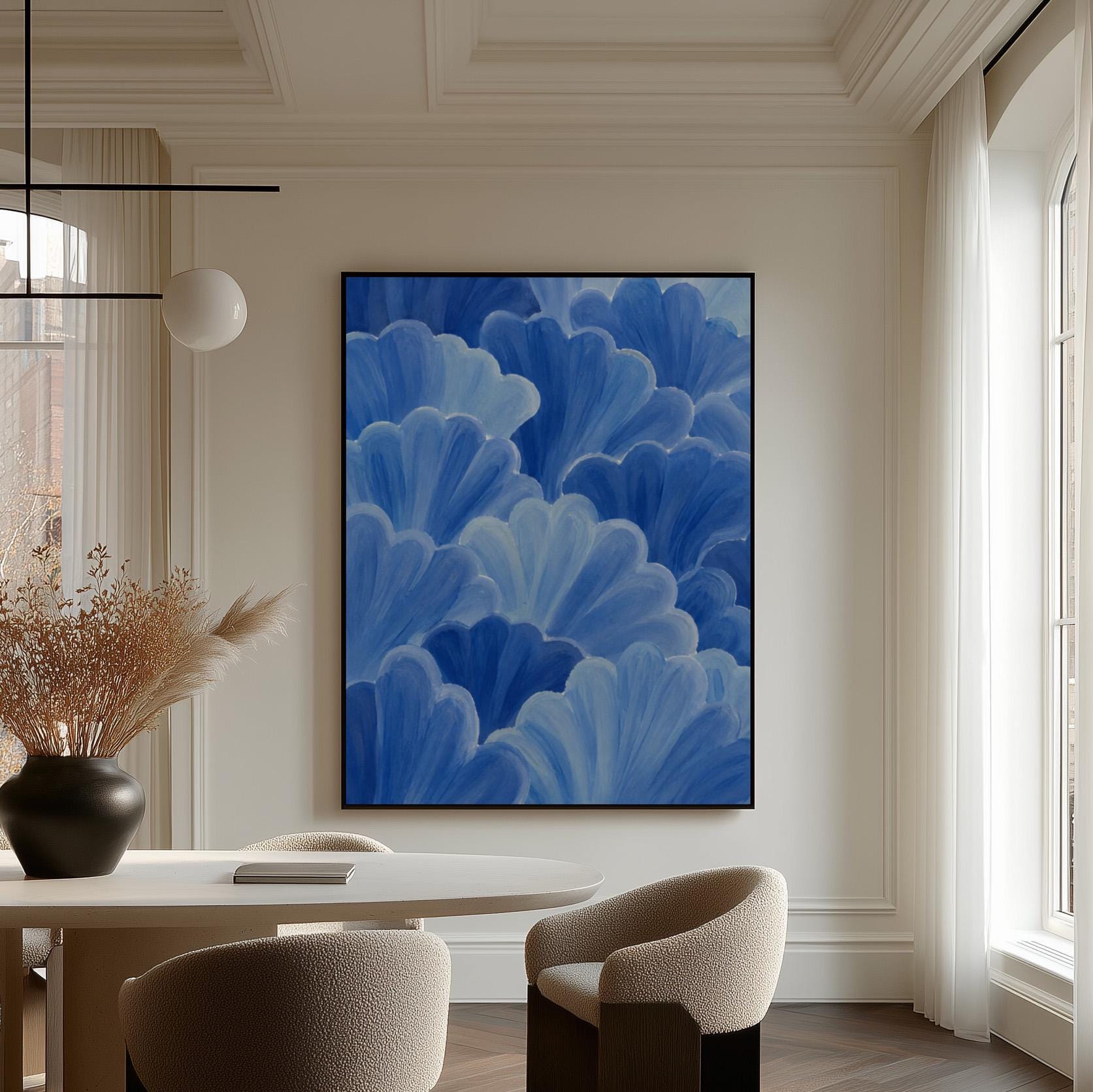 Petal fan clusters in cornflower and powder blue, canvas print styled against a soft white wall