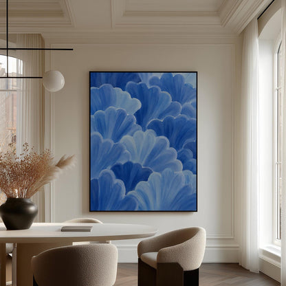 Petal fan clusters in cornflower and powder blue, canvas print styled against a soft white wall
