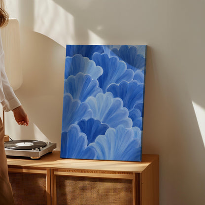 Petal fan clusters in cornflower and powder blue, canvas print seen in a warm interior with natural light