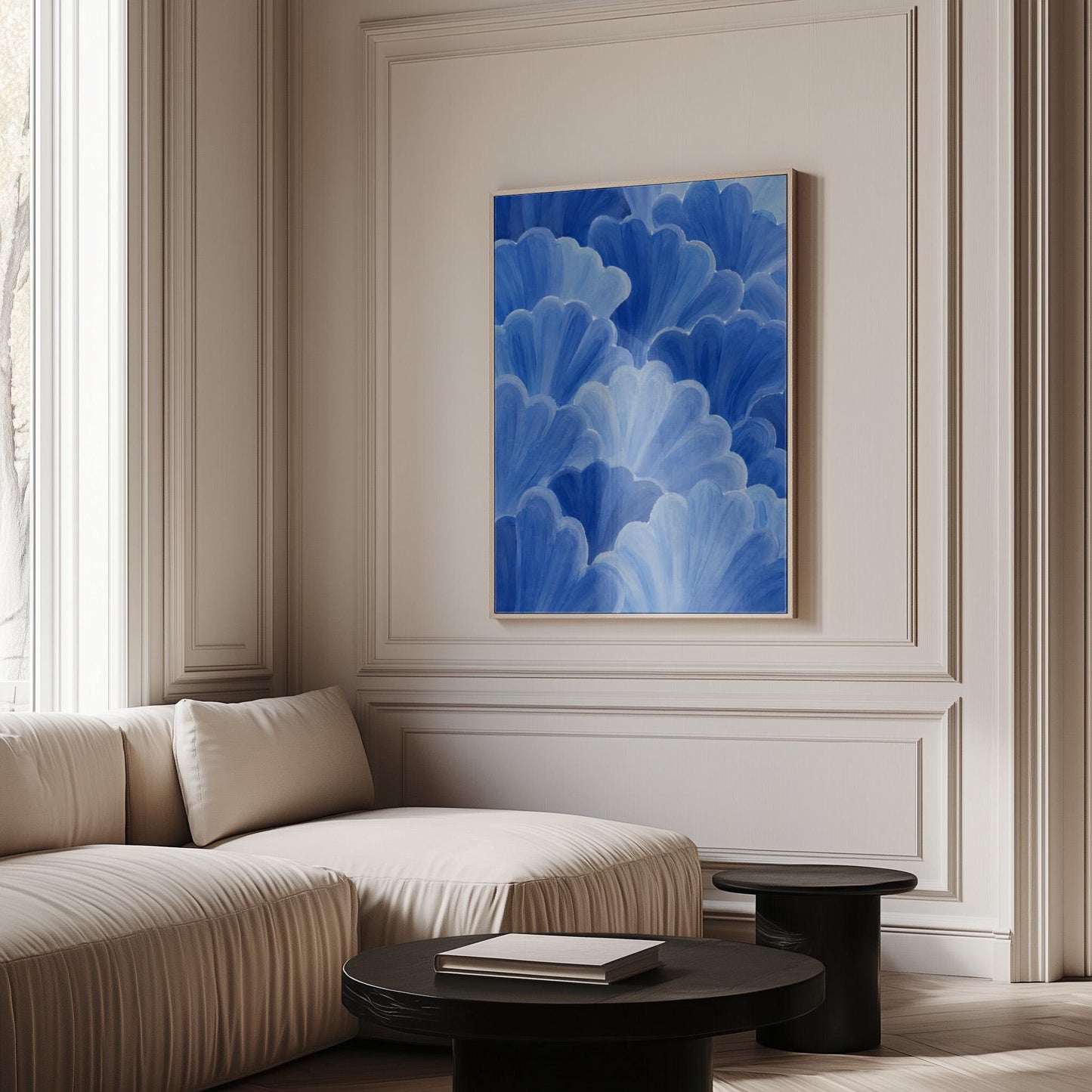 Petal fan clusters in cornflower and powder blue, canvas print on a quiet wall in a considered interior
