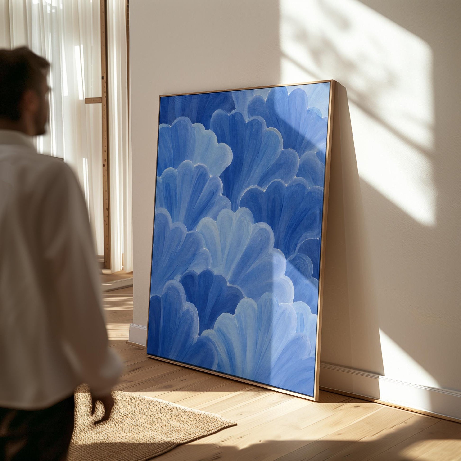 Petal fan clusters in cornflower and powder blue, canvas wall art seen in a warm interior with natural light