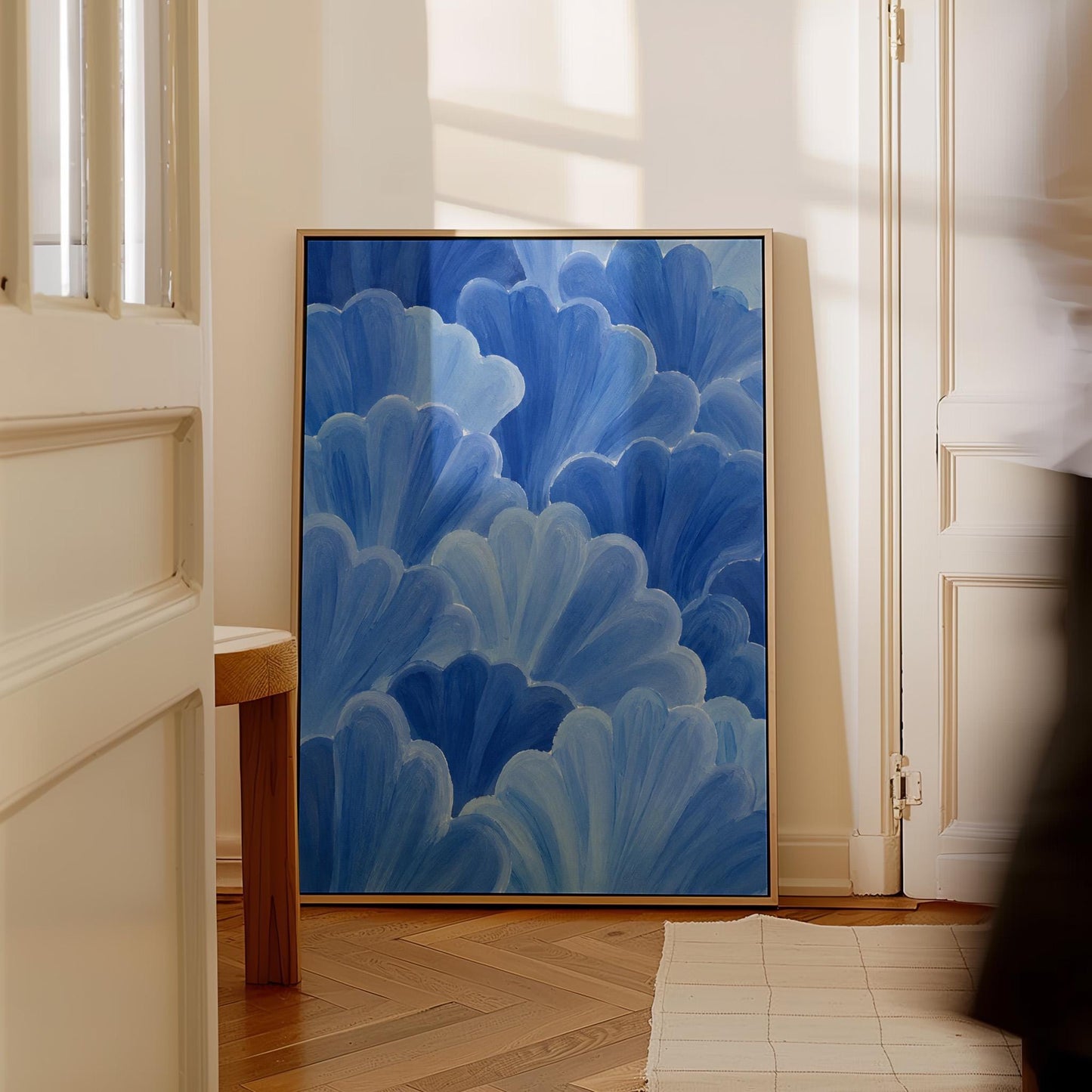 Petal fan clusters in cornflower and powder blue, canvas wall art on a quiet wall in a considered interior