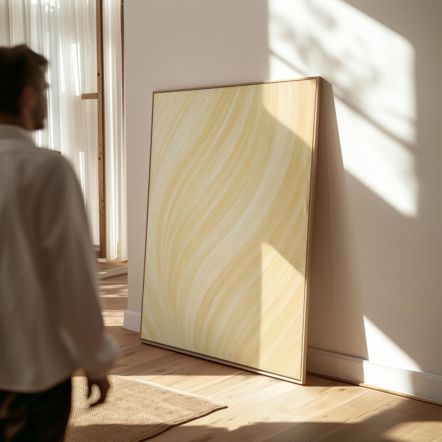 Flowing honey gold waves with soft warm glow, canvas wall art hanging in a calm, modern living space