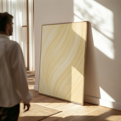 Flowing honey gold waves with soft warm glow, canvas wall art hanging in a calm, modern living space