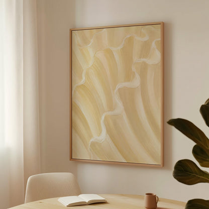 Ruffled wave folds in champagne cream and gold, canvas wall art hanging in a calm, modern living space