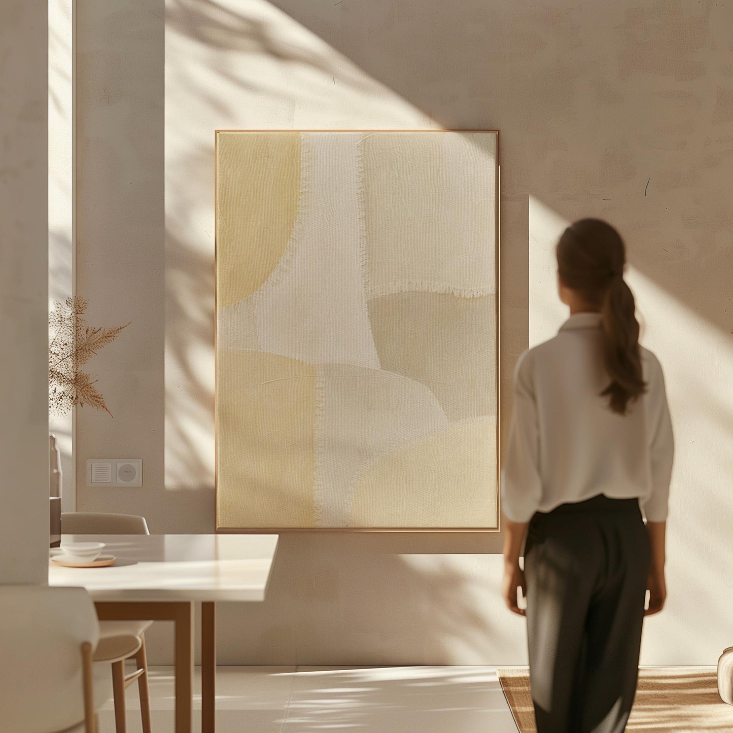 Soft tonal beige blocks joined by delicate stitch lines, canvas print hanging in a calm, modern living space