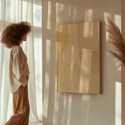 Soft tonal beige blocks joined by delicate stitch lines, canvas print styled against a soft white wall