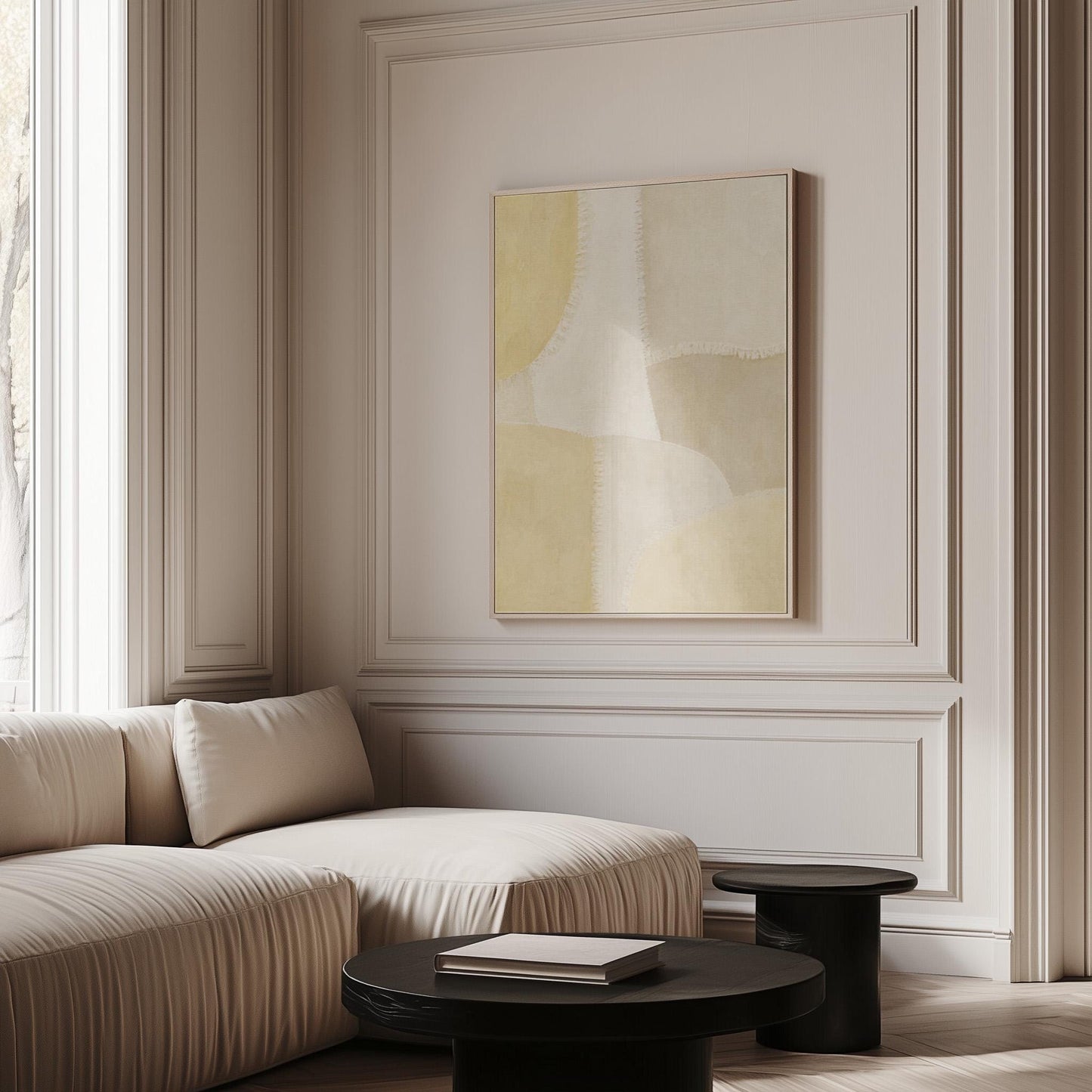 Soft tonal beige blocks joined by delicate stitch lines, canvas wall art styled against a soft white wall