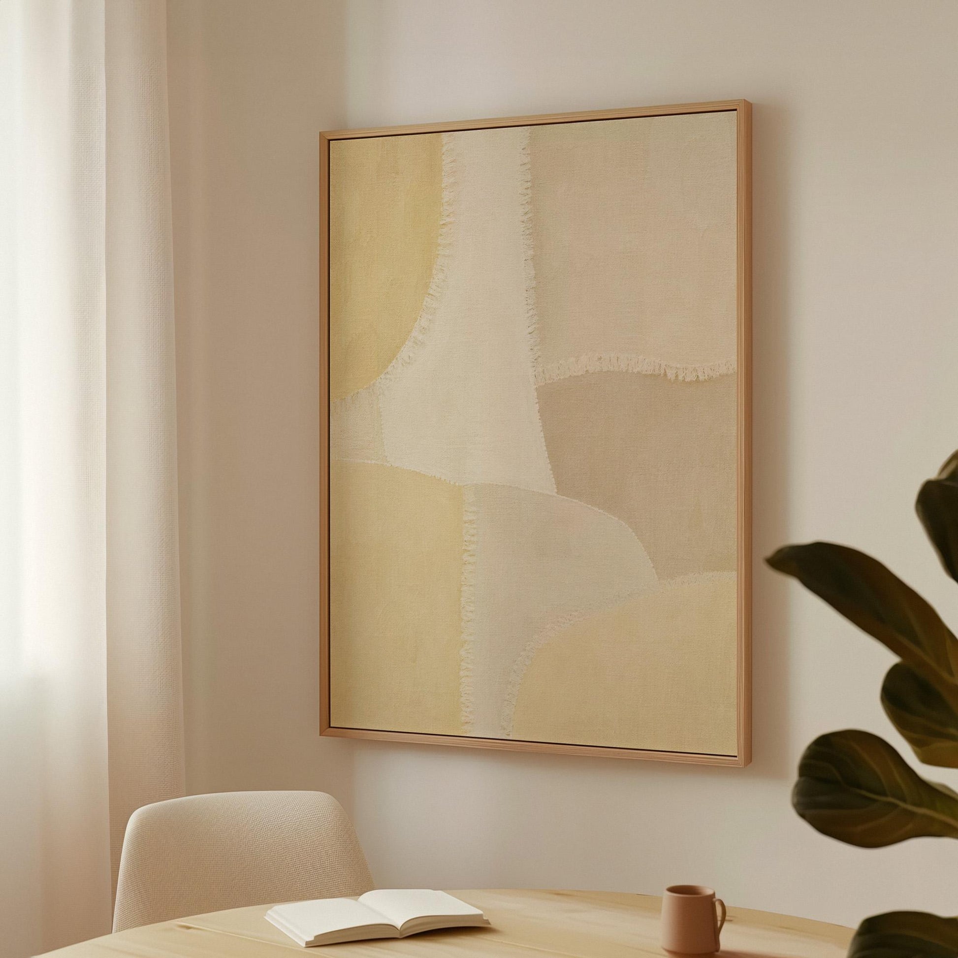 Soft tonal beige blocks joined by delicate stitch lines, canvas wall art seen in a warm interior with natural light