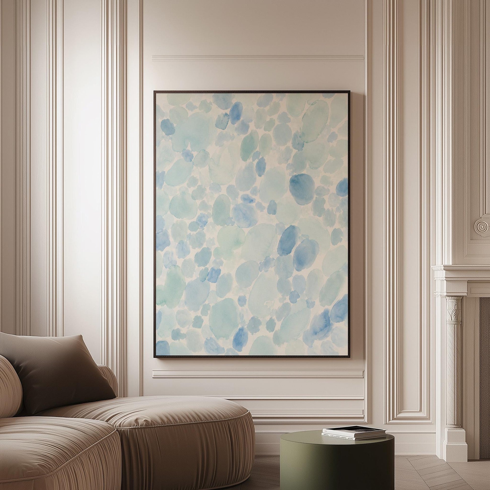 Dappled watercolor petals in light baby blue, canvas print on a softly lit wall in a calm interior