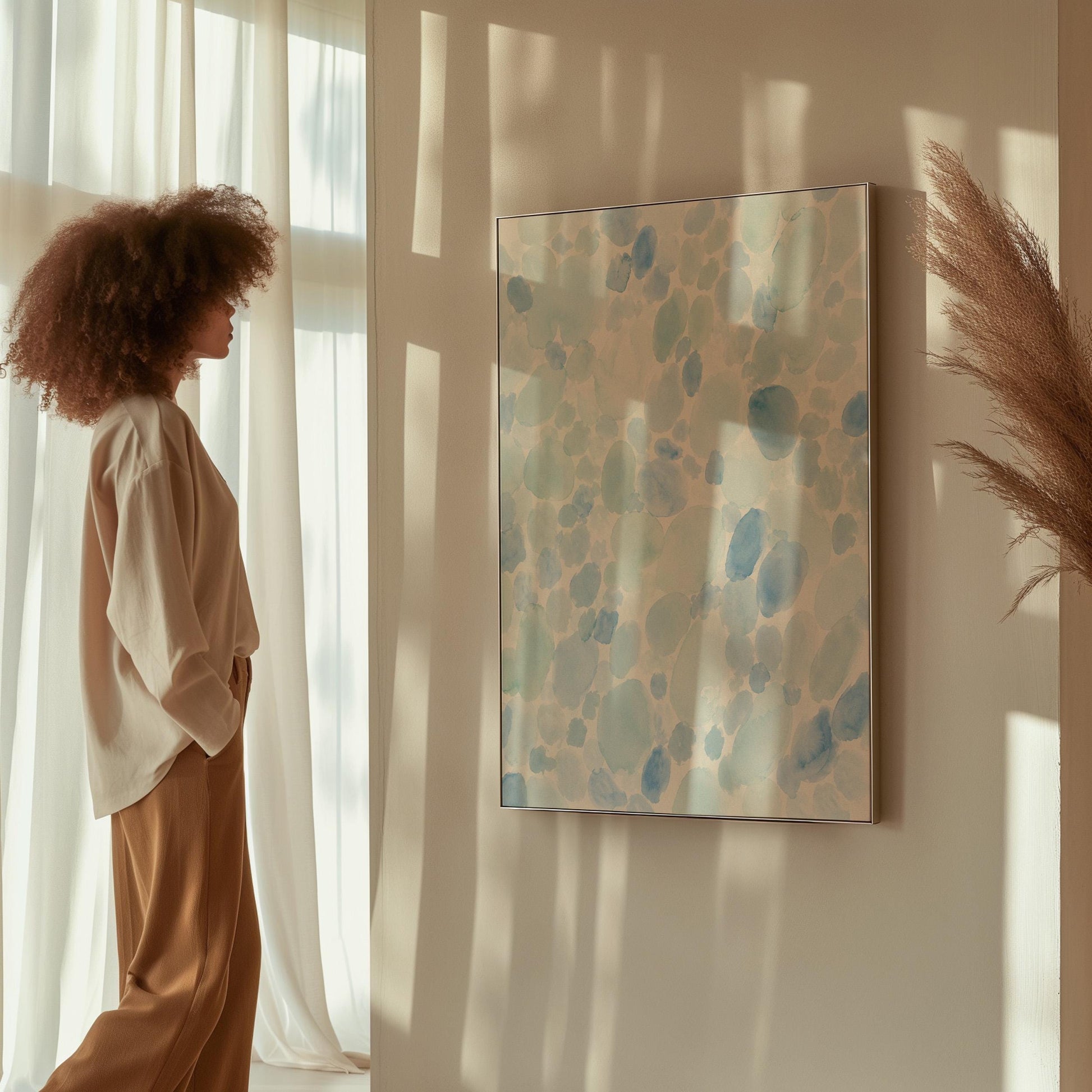 Dappled watercolor petals in light baby blue, canvas print seen in a warm interior with natural light