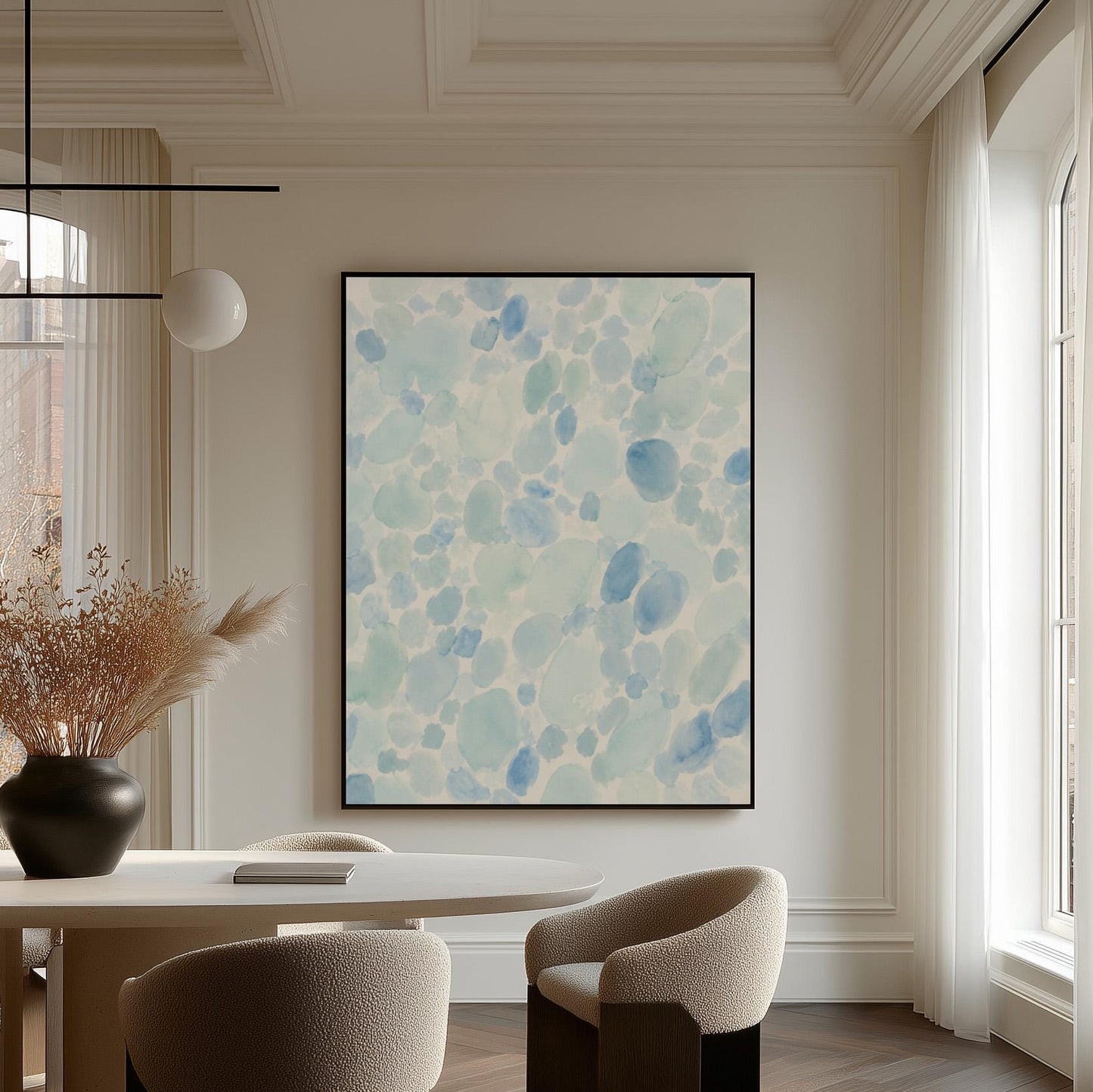 Dappled watercolor petals in light baby blue, canvas wall art styled against a soft white wall