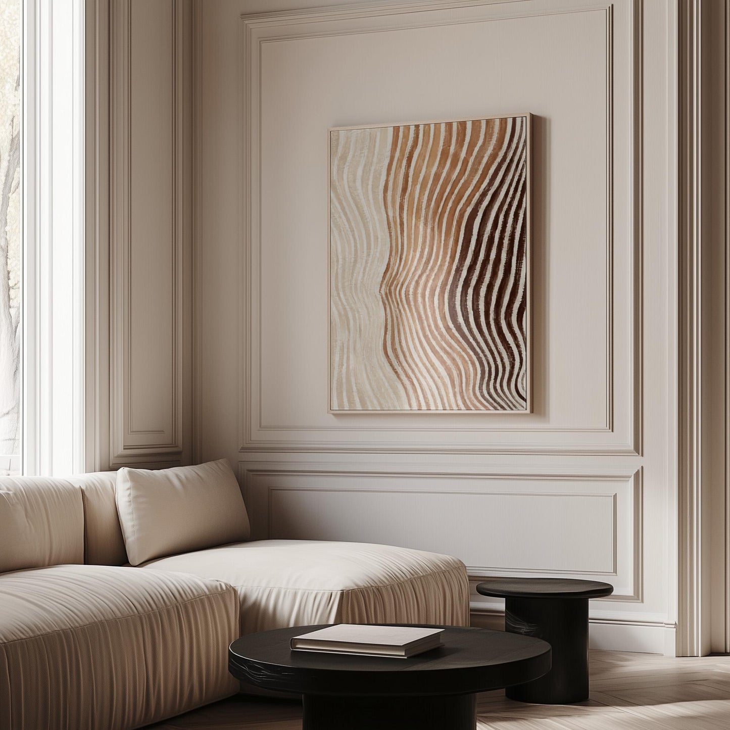 Rippling contour lines in cocoa brown and cream, canvas print on a quiet wall in a considered interior