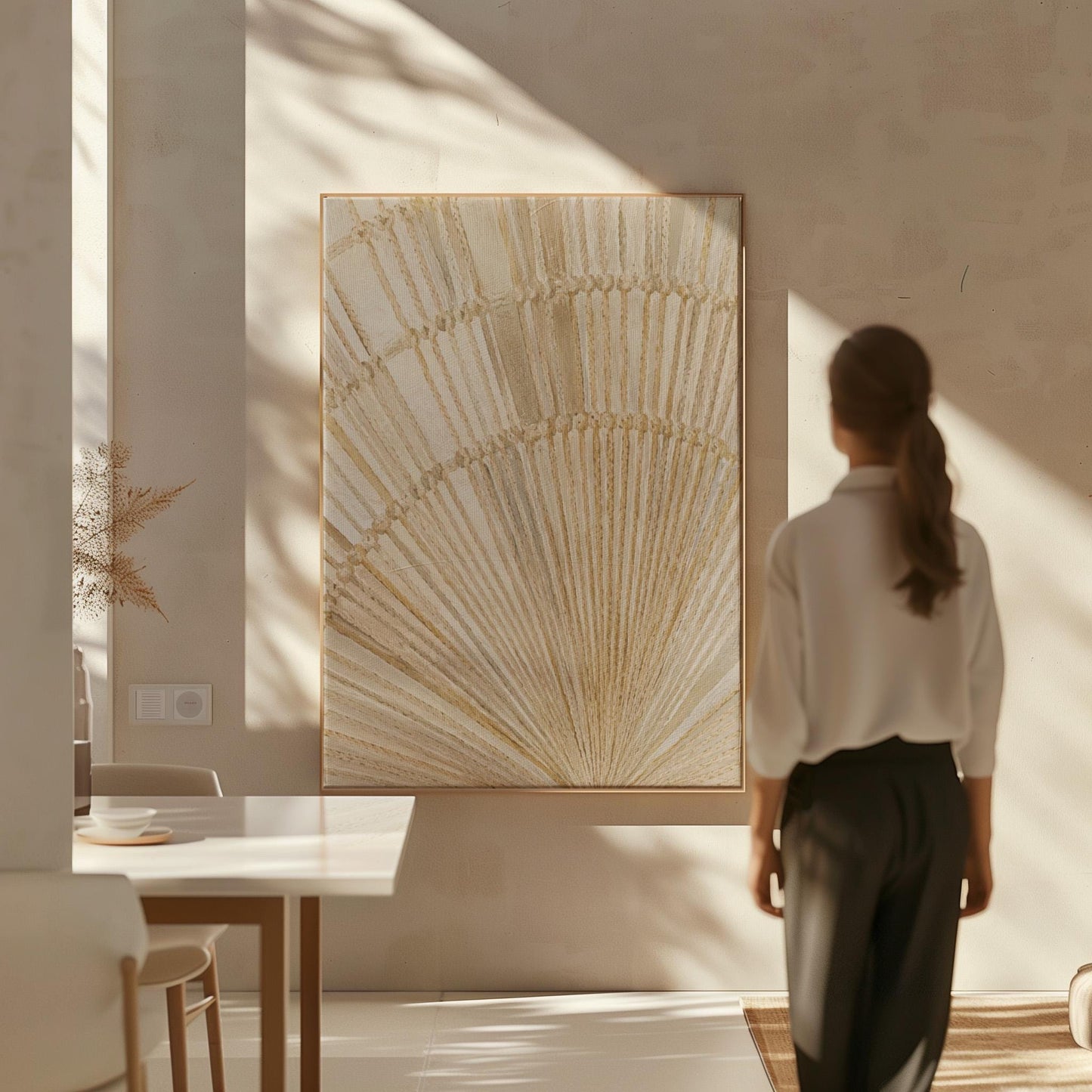 Golden fan palm leaf with radiating rays on cream, canvas print styled against a soft white wall
