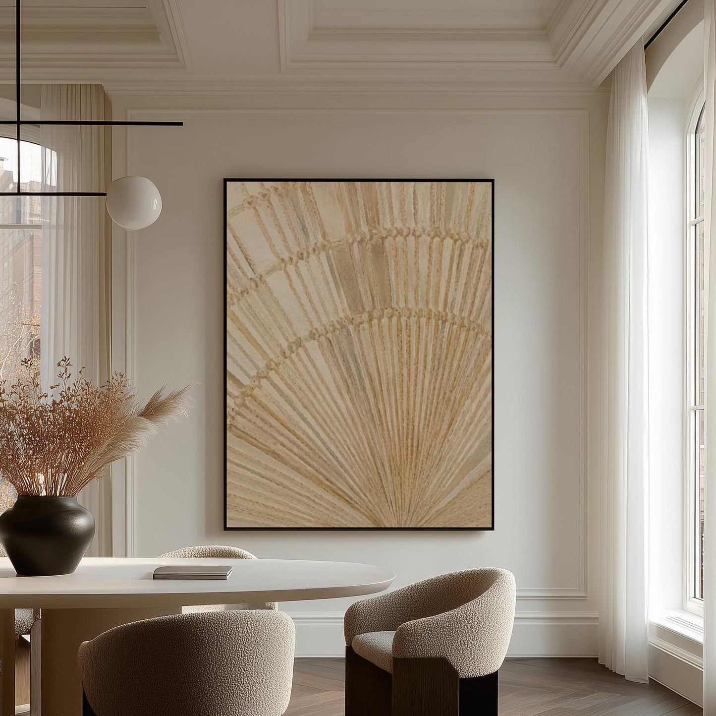 Golden fan palm leaf with radiating rays on cream, canvas print shown in a sunlit, contemporary room