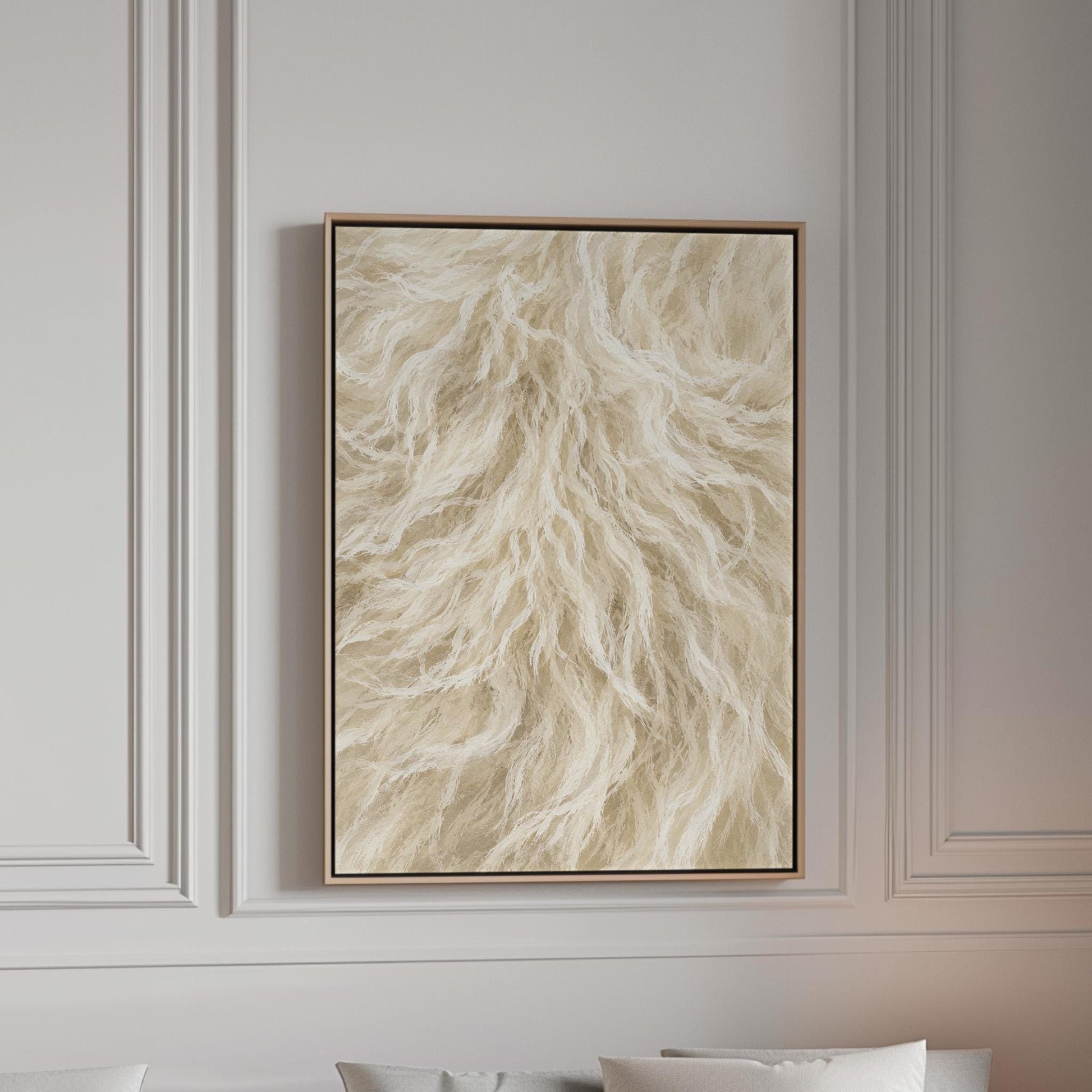Soft flowing cream strands filling the frame, canvas print in a bright room with natural daylight