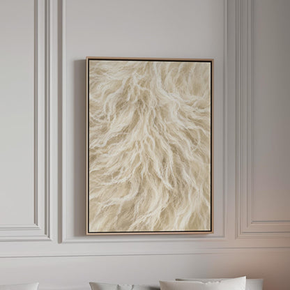 Soft flowing cream strands filling the frame, canvas print in a bright room with natural daylight
