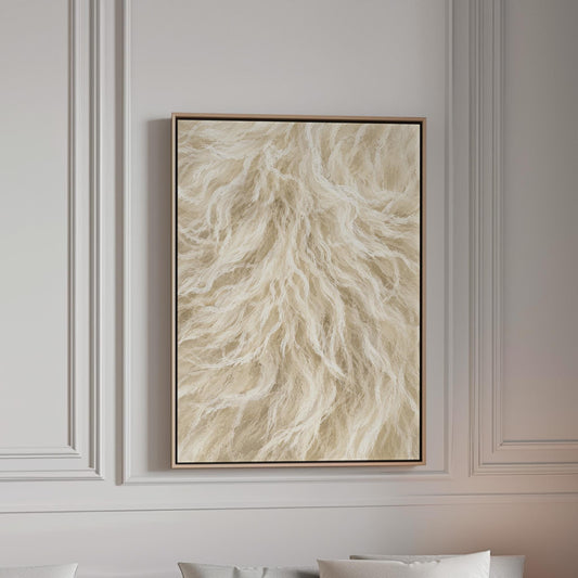 Soft flowing cream strands filling the frame, canvas print in a bright room with natural daylight