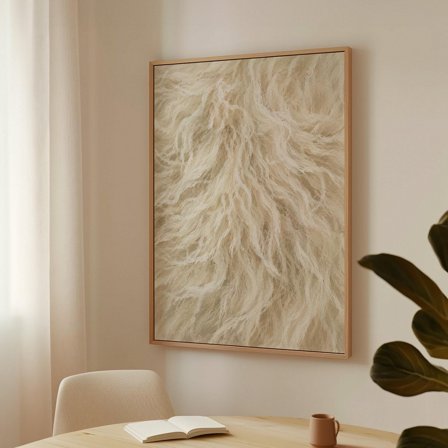Soft flowing cream strands filling the frame, canvas print shown to scale in a furnished room