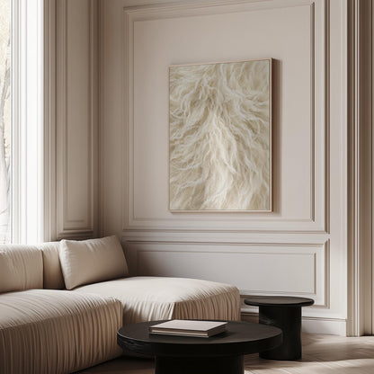 Soft flowing cream strands filling the frame, canvas wall art hanging in a calm, modern living space