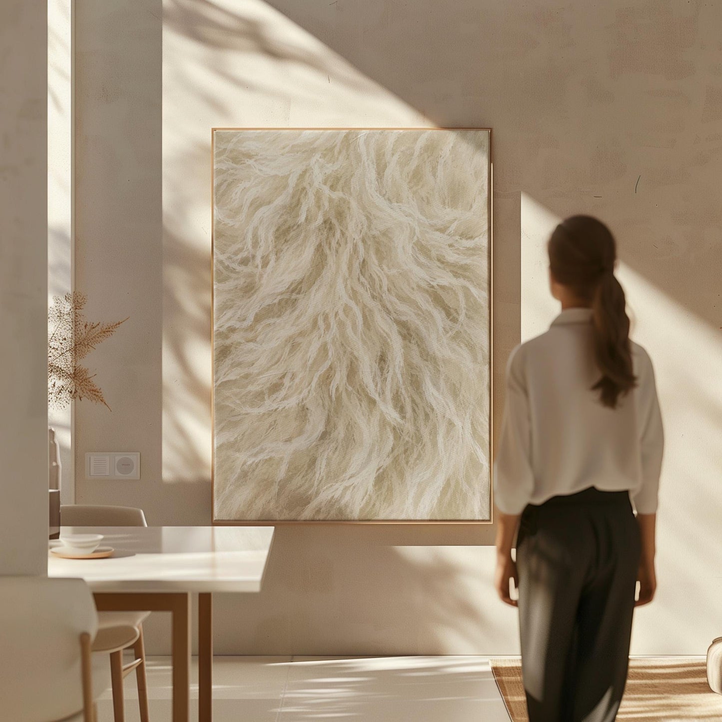 Soft flowing cream strands filling the frame, canvas wall art presented in a light, minimal room