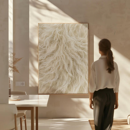 Soft flowing cream strands filling the frame, canvas wall art presented in a light, minimal room