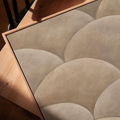 Overlapping dome scallop pattern in warm greige, canvas print in a warm, minimally styled interior